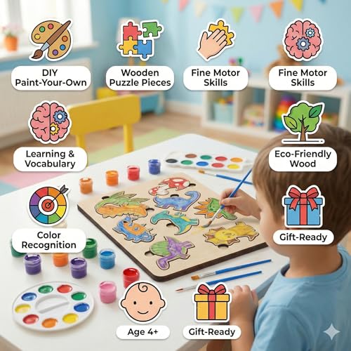 Fiddlys DIY Color Fill Wooden Jigsaw Puzzle Set for Kids (Age 4+) | 3-in-1 Paint-Your-Own Puzzle Collection | Educational Toy (Learning Puzzle)
