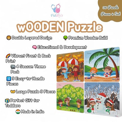 Fiddlys Wooden Jigsaw Puzzles for Kids & Children – 9 Pieces Each, Pack of 4|Double Layered Front & Back Print| Educational Toy for Boys & Girls Age 2 3 4 5 6 Year Old (Seasons Pack of 4)