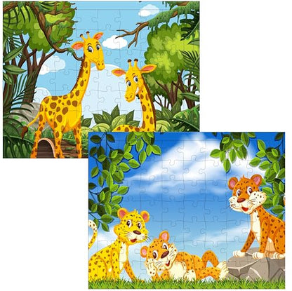 Fiddlys 54 Pcs Wood Jigsaw Puzzles for Kids & Children Age 6+ Double Layered Wooden Puzzles with Bright Front & Back Print Puzzle for Kids-Educational Toy (Tiger + Giraffe)