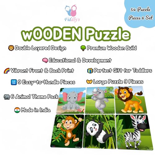 Fiddlys Wooden Jigsaw Puzzles for Kids & Children – 9 Pieces Each, Pack of 6|Double Layered Front & Back Print| Educational Toy for Boys & Girls Age 2 3 4 5 6 Year Old (Pack of 6 Animal)