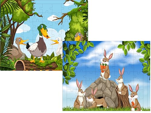 Fiddlys 54 Pcs Wood Jigsaw Puzzles for Kids & Children Age 6+ Double Layered Wooden Puzzles with Bright Front & Back Print Puzzle for Kids-Educational Toy (Duck + Bunny)