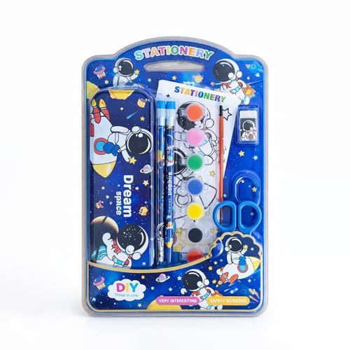 Fiddlys Kids Stationery Set with Metal Pencil Box | 3-in-1 DIY Kit Drawing Painting Writing | Cute Panda & Unicorn Design | Complete School Kit | Birthday Return Gift for Boys & Girls (Space)