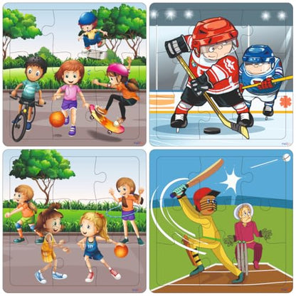 Fiddlys Wooden Jigsaw Puzzles for Kids & Children – 9 Pieces Each, Pack of 4|Double Layered Front & Back Print| Educational Toy for Boys & Girls Age 2 3 4 5 6 Year Old (Sports - Pack of 4)