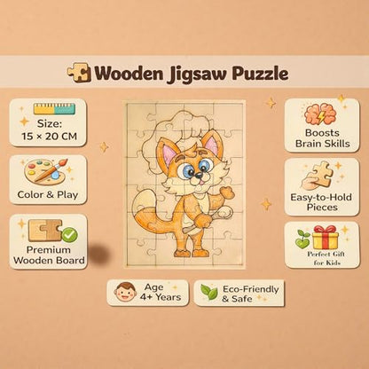 Fiddlys DIY Color Fill Wooden Jigsaw Puzzle Set for Kids (Age 4+) | 3-in-1 Paint-Your-Own Puzzle Collection | 24 Pieces Each Puzzle | Educational Toy (Cute & Fun Animals)