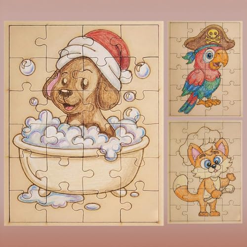 Fiddlys DIY Color Fill Wooden Jigsaw Puzzle Set for Kids (Age 4+) | 3-in-1 Paint-Your-Own Puzzle Collection | 24 Pieces Each Puzzle | Educational Toy (Cute & Fun Animals)