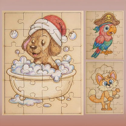 Fiddlys DIY Color Fill Wooden Jigsaw Puzzle Set for Kids (Age 4+) | 3-in-1 Paint-Your-Own Puzzle Collection | 24 Pieces Each Puzzle | Educational Toy (Cute & Fun Animals)
