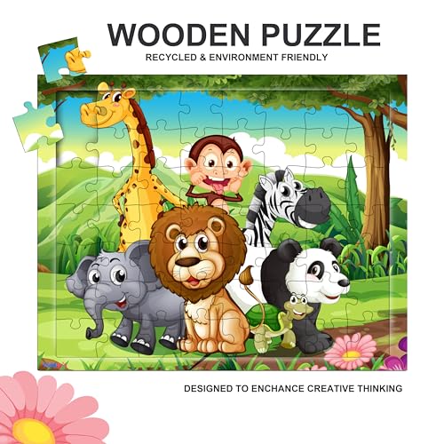Fiddlys 54 Pcs Wood Jigsaw Puzzles for Kids & Children Age 6+ Double Layered Wooden Puzzles with Bright Front & Back Print Puzzle for Kids-Educational Toy (Animal)