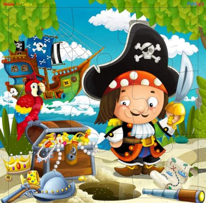 Fiddlys Wooden Jigsaw Puzzles for Kids & Children – 9 Pieces Each, Pack of 4 | Double Layered Puzzles with Bright Front & Back Print | Educational Toy for Boys & Girls Age 3+(Good Pirates - Pack of 4)