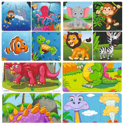 Fiddlys Wooden Jigsaw Puzzles for Kids & Children – 9 Pieces Each, Pack of 12|Double Layered Front & Back Print| Educational Toy for Boys & Girls Age 2 3 4 5 6 Year Old (Animals+Dinos+Sea)
