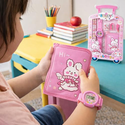 Fiddlys Kids Stationery Gift Set with Watch & Pouch | Cute Travel Kit for Boys & Girls | Pencil, Eraser, Sharpener, Wallet Combo (Sweet Bunny)