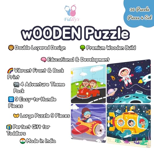 Fiddlys Wooden Jigsaw Puzzles for Kids & Children – 9 Pieces Each, Pack of 4|Double Layered Front & Back Print| Educational Toy for Boys & Girls Age 2 3 4 5 6 Year Old (Travel Pack of 4)