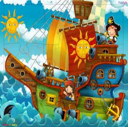 Fiddlys Wooden Jigsaw Puzzles for Kids & Children – 9 Pieces Each, Pack of 4 | Double Layered Puzzles with Bright Front & Back Print | Educational Toy for Boys & Girls Age 3+(Good Pirates - Pack of 4)