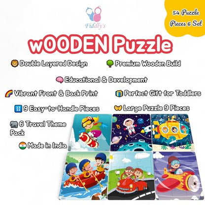 Fiddlys Wooden Jigsaw Puzzles for Kids & Children – 9 Pieces Each, Pack of 6|Double Layered Front & Back Print| Educational Toy for Boys & Girls Age 2 3 4 5 6 Year Old (Travel & Adventure)