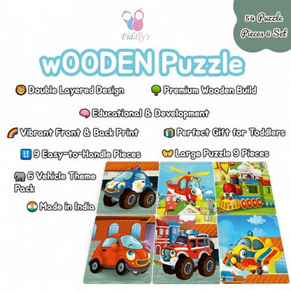 Fiddlys Wooden Jigsaw Puzzles for Kids & Children – 9 Pieces Each, Pack of 6|Double Layered Front & Back Print| Educational Toy for Boys & Girls Age 2 3 4 5 6 Year Old (Vehicles (Pack of 6))