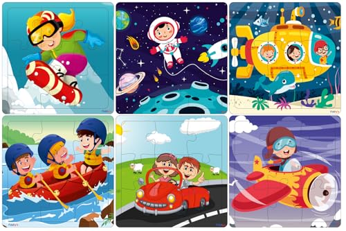 Fiddlys Wooden Jigsaw Puzzles for Kids & Children – 9 Pieces Each, Pack of 6|Double Layered Front & Back Print| Educational Toy for Boys & Girls Age 2 3 4 5 6 Year Old (Travel & Adventure)