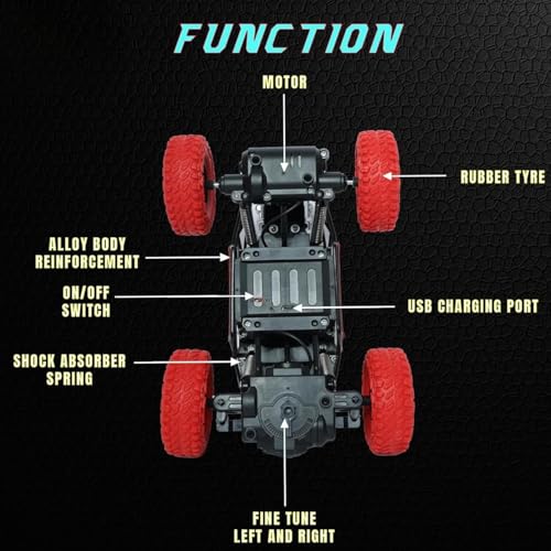 The Flyers Bay Rock Master Remote Control Car with Smoke | 4WD Monster Truck Rock Crawler for Kids | 2.4 GHz RC, Off-Road Suspension, LED Smoke Effect | Rechargeable C-Type Charging (Red)