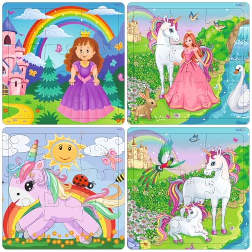 Fiddlys Wooden Jigsaw Puzzles for Kids & Children – 9 Pieces Each, Pack of 4|Double Layered Front & Back Print| Educational Toy for Boys & Girls Age 2 3 4 5 6 Year Old (Unicorn & Princess)