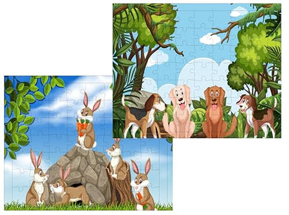 Fiddlys 54 Pcs Wood Jigsaw Puzzles for Kids & Children Age 6+ Double Layered Wooden Puzzles with Bright Front & Back Print Puzzle for Kids-Educational Toy (Dogs + Bunny)