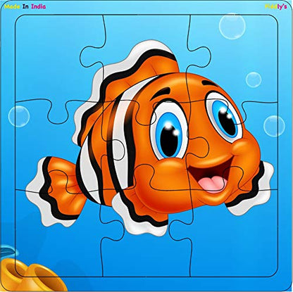 Fiddlys Wooden Jigsaw Puzzles for Kids & Children – 9 Pieces Each, Pack of 4 | Double Layered Puzzles with Bright Front & Back Print | Educational Toy for Boys & Girls Age 3+(Sea Pack of 4)