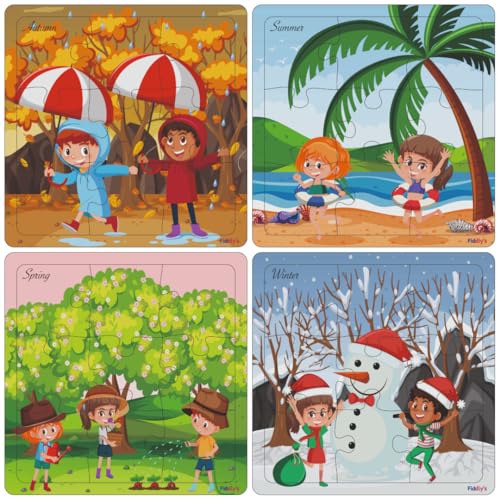 Fiddlys Wooden Jigsaw Puzzles for Kids & Children – 9 Pieces Each, Pack of 4|Double Layered Front & Back Print| Educational Toy for Boys & Girls Age 2 3 4 5 6 Year Old (Seasons Pack of 4)