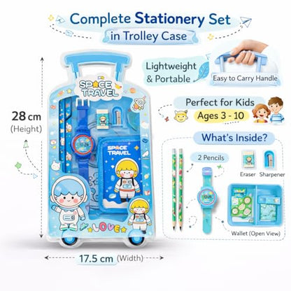 Fiddlys Kids Stationery Gift Set with Watch & Pouch | Cute Travel Kit for Boys & Girls | Pencil, Eraser, Sharpener, Wallet Combo (Space Travel)