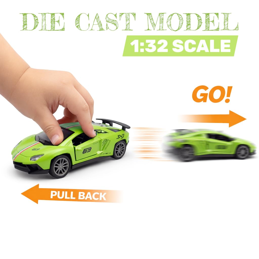The Flyers Bay 1:32 Scale DieCast Metal Pull-Back Action Openable Doors Lights and Music Lamborghini Premium Car Toy for Kids Realistic Miniature Model Gift 2+yrs Girls Boys (Green)
