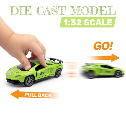 The Flyers Bay 1:32 Scale DieCast Metal Pull-Back Action Openable Doors Lights and Music Lamborghini Premium Car Toy for Kids Realistic Miniature Model Gift 2+yrs Girls Boys (Green)