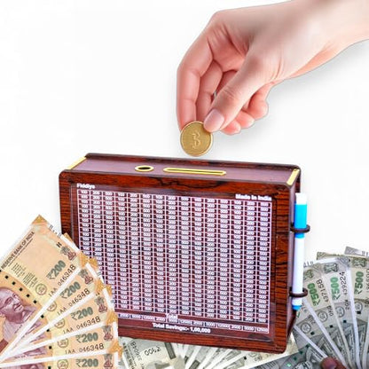 Fiddlys Wooden Money Piggy Bank for 2 3 4 5 6 Years Kids, Savings Challenge Box, Cashbox,Educational Gift for Kids (Rs 1,00,000 Pen Stand)