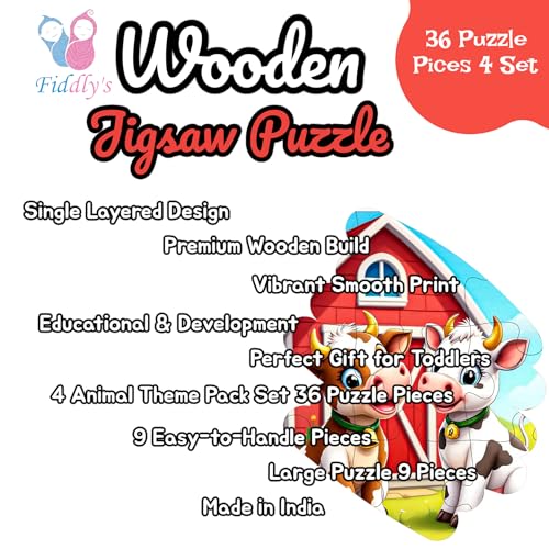 Fiddlys Single Layered Wooden Jigsaw Puzzle Games for Children & Kids -9 Pieces Age 2 3 4 5 6 Year Old Years Old Girls & Boys Animals Jigsaw Puzzle (Pack of 4 PET Animal)