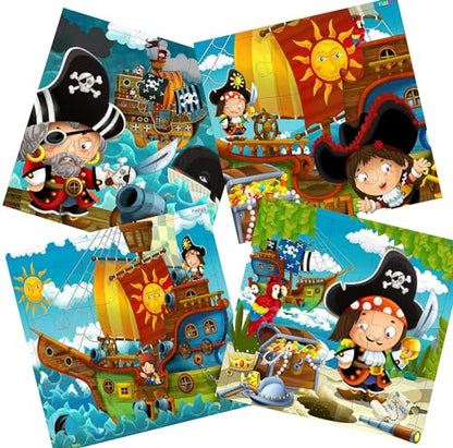 Fiddlys Wooden Jigsaw Puzzles for Kids & Children – 9 Pieces Each, Pack of 4 | Double Layered Puzzles with Bright Front & Back Print | Educational Toy for Boys & Girls Age 3+(Good Pirates - Pack of 4)