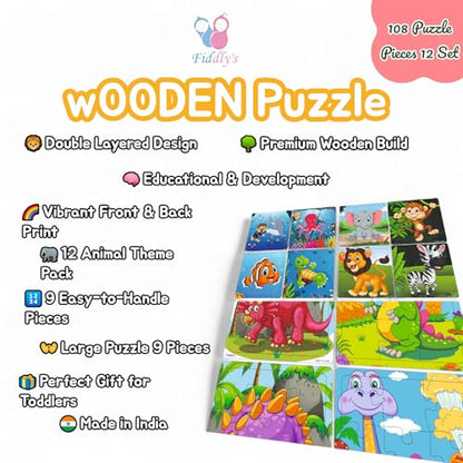 Fiddlys Wooden Jigsaw Puzzles for Kids & Children – 9 Pieces Each, Pack of 12|Double Layered Front & Back Print| Educational Toy for Boys & Girls Age 2 3 4 5 6 Year Old (Animals+Dinos+Sea)