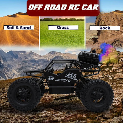 The Flyers Bay Rock Master Remote Control Car with Smoke | 2WD Monster Truck Rock Crawler for Kids | 2.4 GHz RC, Off-Road Suspension, LED Smoke Effect | Rechargeable C-Type Charging