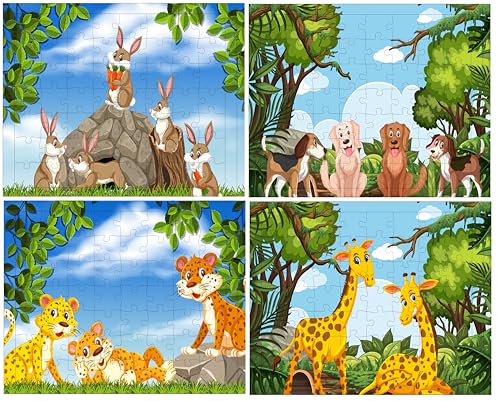 Fiddlys 54 Pcs Wood Jigsaw Puzzles for Kids & Children Age 6+ Double Layered Wooden Puzzles with Bright Front & Back Print Puzzle for Kids-Educational Toy (Animals Pack of 4)