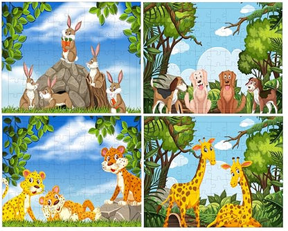 Fiddlys 54 Pcs Wood Jigsaw Puzzles for Kids & Children Age 6+ Double Layered Wooden Puzzles with Bright Front & Back Print Puzzle for Kids-Educational Toy (Animals Pack of 4)