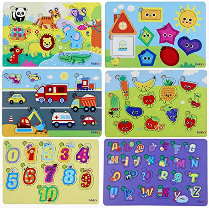 Fiddlys Wooden Learning Educational Puzzle for Kids & Children Age 4+ Double Layered Wooden Puzzles with Bright Front & Back Print (Complete Pack of 6)