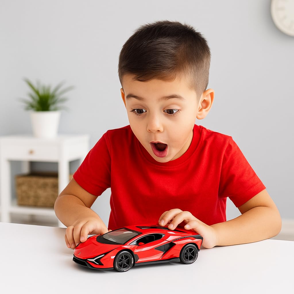 The Flyers Bay 1:32 Scale DieCast Metal Pull-Back Action Openable Doors Premium Car Toy for Kids Realistic Miniature Model Gift 2+yrs Girls Boys (Red)