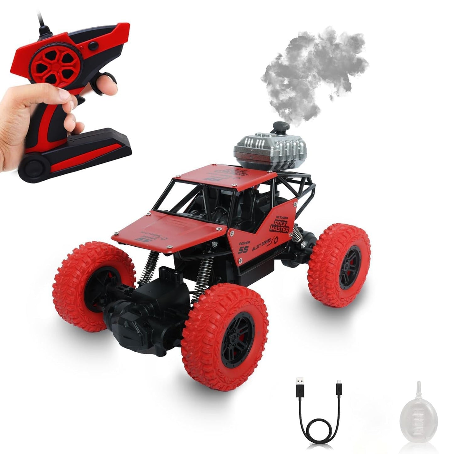The Flyers Bay Rock Master Remote Control Car with Smoke | 4WD Monster Truck Rock Crawler for Kids | 2.4 GHz RC, Off-Road Suspension, LED Smoke Effect | Rechargeable C-Type Charging (Red)
