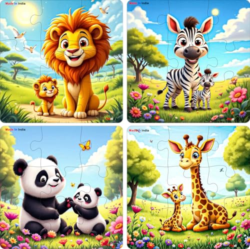 Fiddlys Single Layered Wooden Jigsaw Puzzle Games for Children & Kids -9 Pieces Age 2 3 4 5 6 Year Old Years Old Girls & Boys Animals Jigsaw Puzzle (Pack of 4 Wild Animal)
