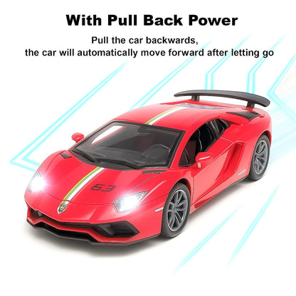 The Flyers Bay 1:32 Scale DieCast Metal Pull-Back Action Openable Doors Premium Car Toy for Kids Realistic Miniature Model Gift 2+yrs Girls Boys (Red)