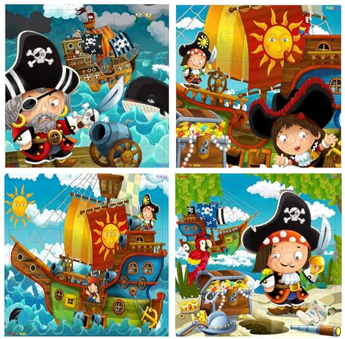 Fiddlys Wooden Jigsaw Puzzles for Kids & Children – 9 Pieces Each, Pack of 4 | Double Layered Puzzles with Bright Front & Back Print | Educational Toy for Boys & Girls Age 3+(Good Pirates - Pack of 4)