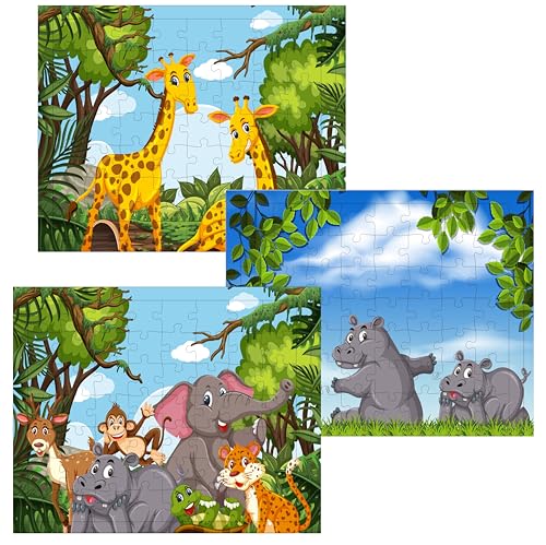 Fiddlys 54 Pcs Wood Jigsaw Puzzles for Kids & Children Age 6+ Double Layered Wooden Puzzles with Bright Front & Back Print Puzzle for Kids-Educational Toy (Wild Animals Pack of 3)