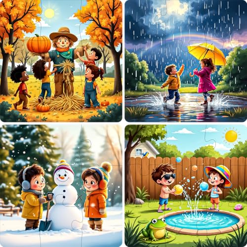 Fiddlys Single Layered Wooden Jigsaw Puzzle Games for Children & Kids -9 Pieces Age 2 3 4 5 6 Year Old Years Old Girls & Boys Animals Jigsaw Puzzle (Pack of 4 Season)