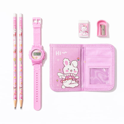 Fiddlys Kids Stationery Gift Set with Watch & Pouch | Cute Travel Kit for Boys & Girls | Pencil, Eraser, Sharpener, Wallet Combo (Sweet Bunny)