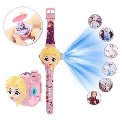 Fiddlys Kids Projection Watch Toy – Cartoon Digital Watch with 6 Image Projector, Adjustable Strap, Birthday Return Gift for Boys & Girls Age 3+ (Pink-Yellow)