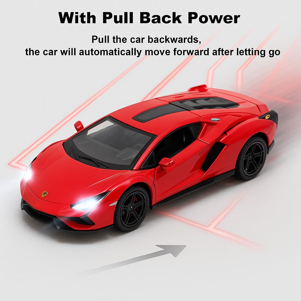 The Flyers Bay 1:32 Scale DieCast Metal Pull-Back Action Openable Doors Premium Car Toy for Kids Realistic Miniature Model Gift 2+yrs Girls Boys (Red)