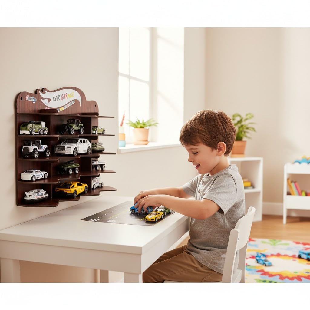 Fiddlys Wooden Toy Car Display Shelf | “Car Garage” Organizer for 15 Cars | Premium Wood Finish Desktop or Wall Rack for Kids | Ideal Storage for Hot Wheels & Mini Cars (Car Desktop-Brown)