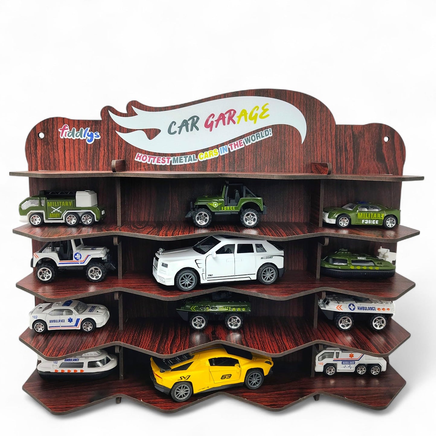 Fiddlys Wooden Toy Car Display Shelf | “Car Garage” Organizer for 15 Cars | Premium Wood Finish Desktop or Wall Rack for Kids | Ideal Storage for Hot Wheels & Mini Cars (Car Desktop-Brown)