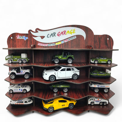 Fiddlys Wooden Toy Car Display Shelf | “Car Garage” Organizer for 15 Cars | Premium Wood Finish Desktop or Wall Rack for Kids | Ideal Storage for Hot Wheels & Mini Cars (Car Desktop-Brown)