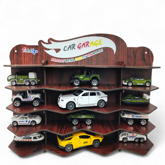 Fiddlys Wooden Toy Car Display Shelf | “Car Garage” Organizer for 15 Cars | Premium Wood Finish Desktop or Wall Rack for Kids | Ideal Storage for Hot Wheels & Mini Cars (Car Desktop-Brown)