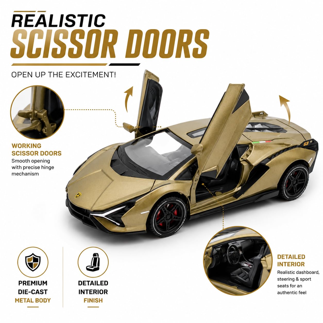 The Flyers Bay 1:32 Scale DieCast Metal Pull-Back Action Openable Doors Light and Music Lamborghini Premium Car Toy for Kids Realistic Miniature Model Gift 2+yrs Girls Boys